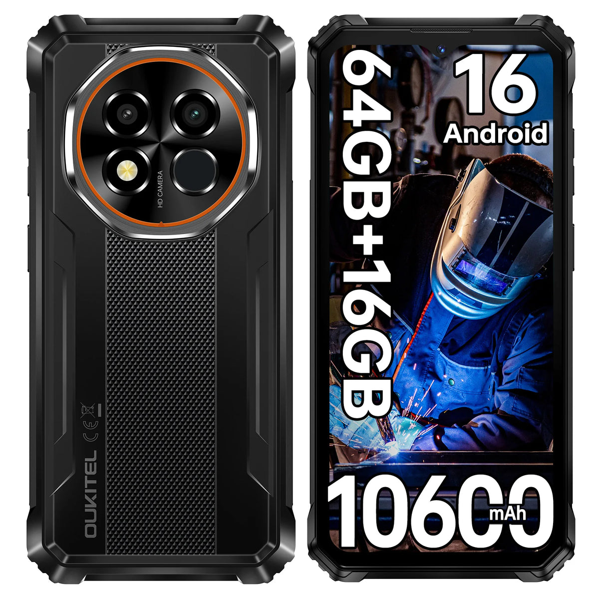 Teléfono inteligente resistente OUKITEL G6 desbloqueado - 16GB+64GB/1TB TF, pantalla HD de 6.52”, IP68/IP69K, Android 16, batería de 10600mAh, 16MP