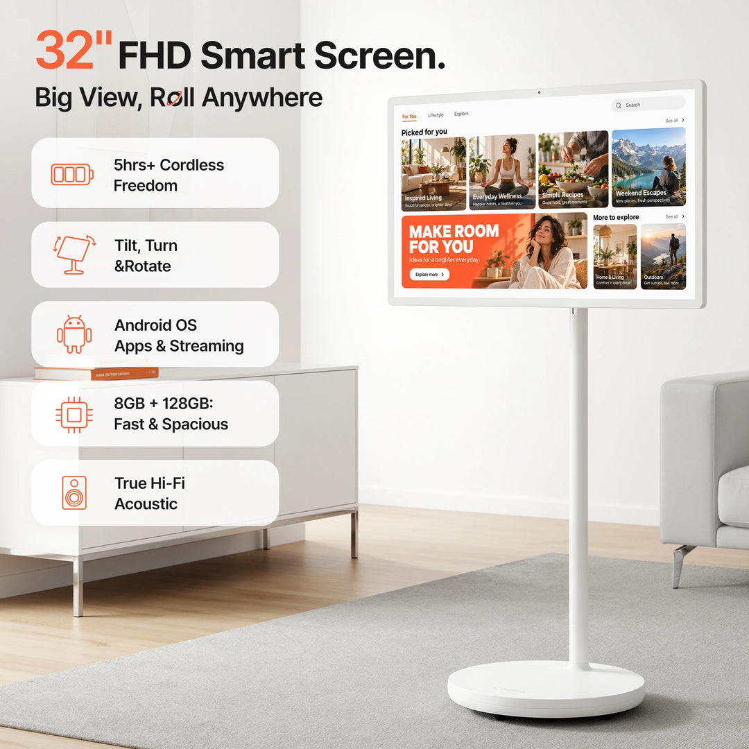 TV Portátil con Pantalla Táctil Inteligente de 32" con Soporte Giratorio, Batería de 8000 mAh, Altura Ajustable, Altavoz de 10W*4, Cámara de 13MP, Wifi 5, Android 15, Certificado por Google, 1080P FHD, Soporte de Altura A