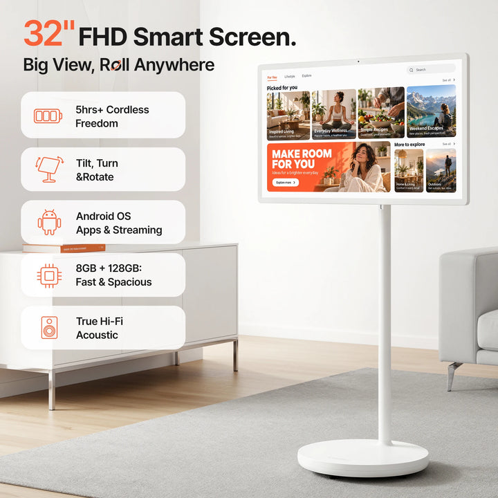 TV Portátil con Pantalla Táctil Inteligente de 32" con Soporte Giratorio, Batería de 8000 mAh, Altura Ajustable, Altavoz de 10W*4, Cámara de 13MP, Wifi 5, Android 15, Certificado por Google, 1080P FHD, Soporte de Altura A
