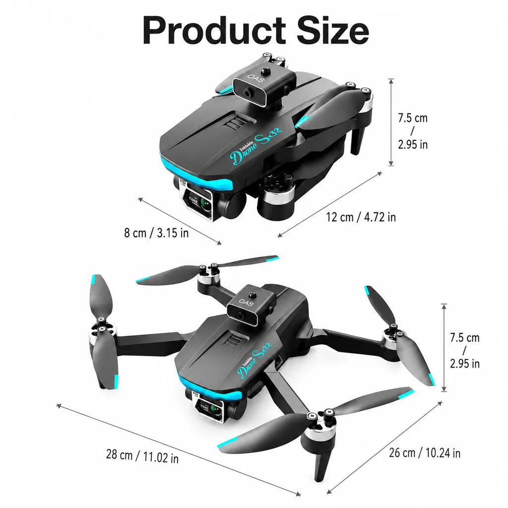 Dron RC negro con doble cámara; diagrama de medidas y vistas frontal y lateral