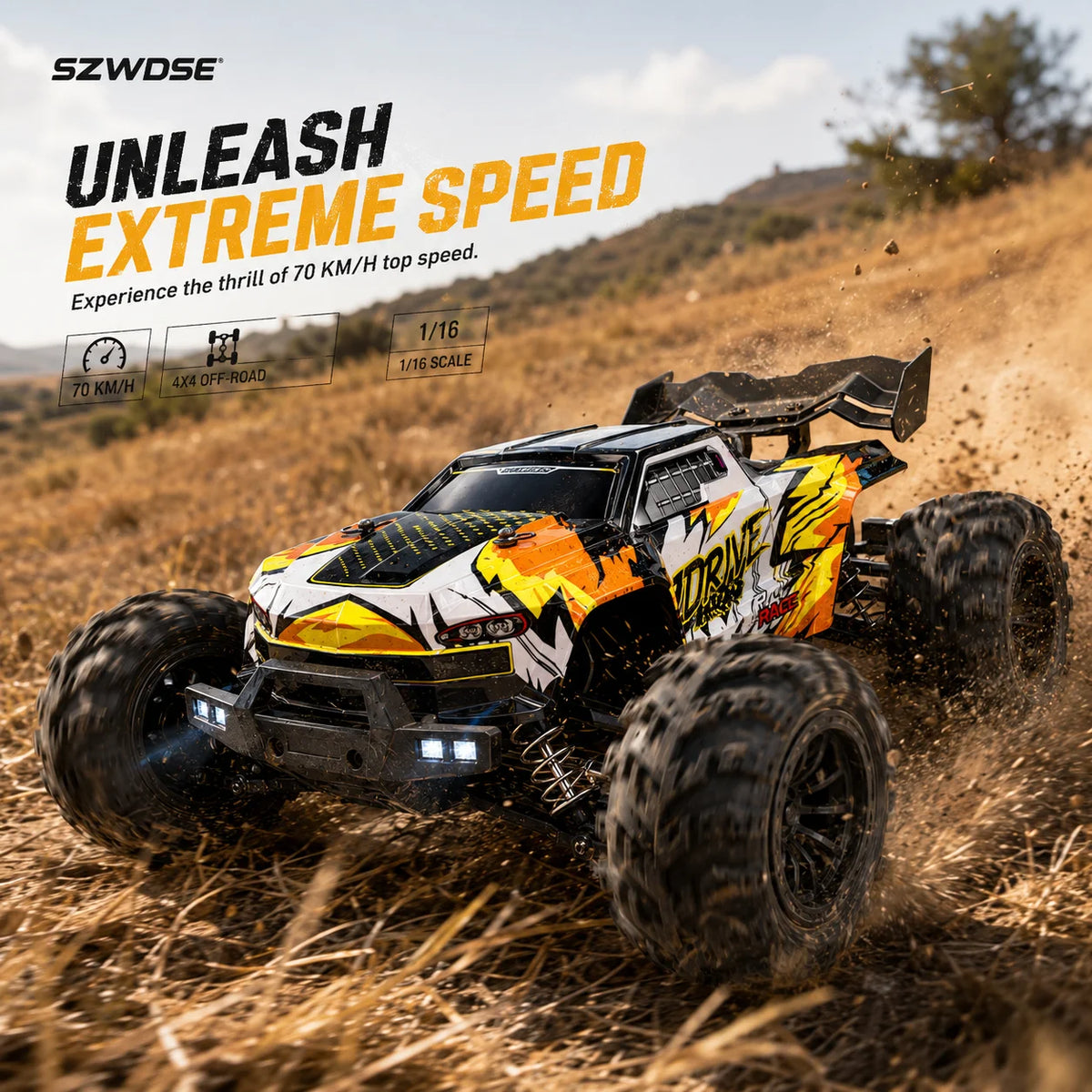 Hobby Grade 1:16 Scale Brushless RC Car 70 + MPH High Speed All Terrain Off-Road Monster Truck 2.4GHz Remote Control, 2X Rechargeable LiPo Batteries, RTR for Adults & Teens 14 + outdoor Racing Backyard, Perfect Gift for RC Ho
