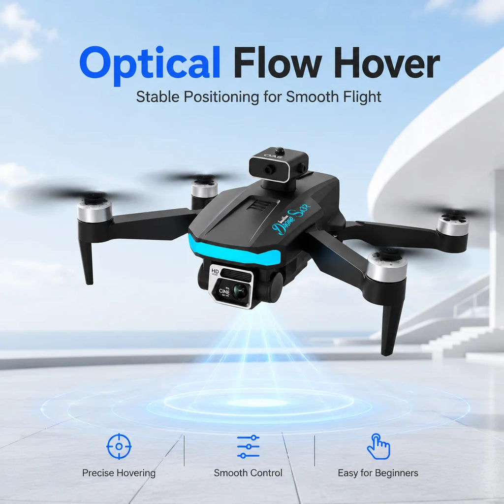 Dron RC negro con cámara superior y hélices; acabados azul turquesa para vuelo estable