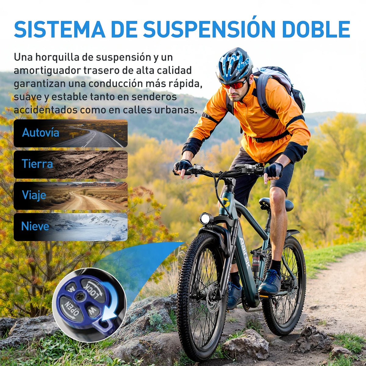 Bicicleta eléctrica de 26" para adultos, batería de 36V 13Ah 468Wh, motor sin escobillas de 250W, 25 km/h con hasta 40 millas de autonomía, transmisión de 21 velocidades, doble suspensión, desbloqueo NFC