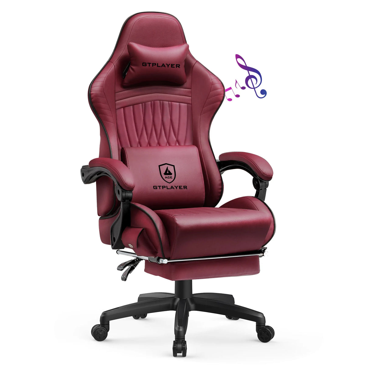 Silla de juego GTPLAYER con respaldo alto y reposapiés, tapicería tipo cuero vino.