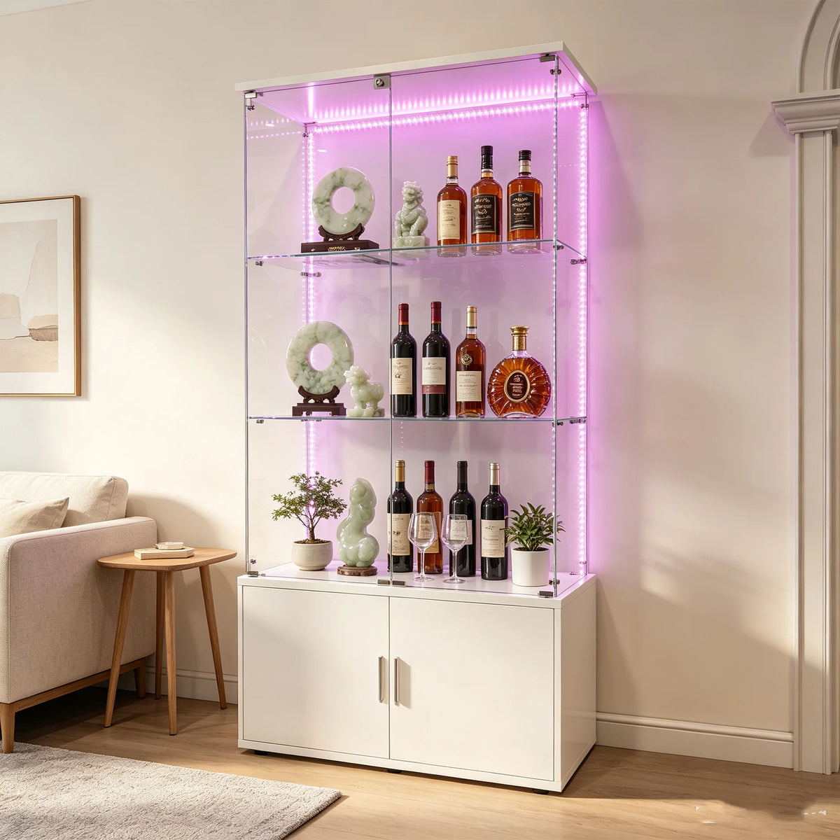 Vitrina de cristal de 4 niveles Superaly con 4 puertas y LED, vitrina de cristal de pie, armario expositor de cristal para libros, vino, colección, figuras, para sala de estar, bar, blanco