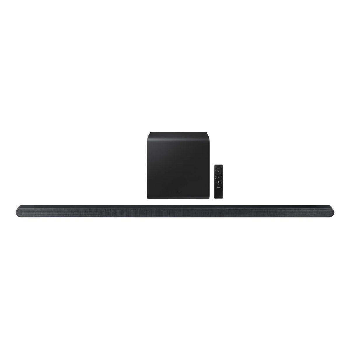 Barra de sonido negra y subwoofer inalámbrico con control remoto incluido