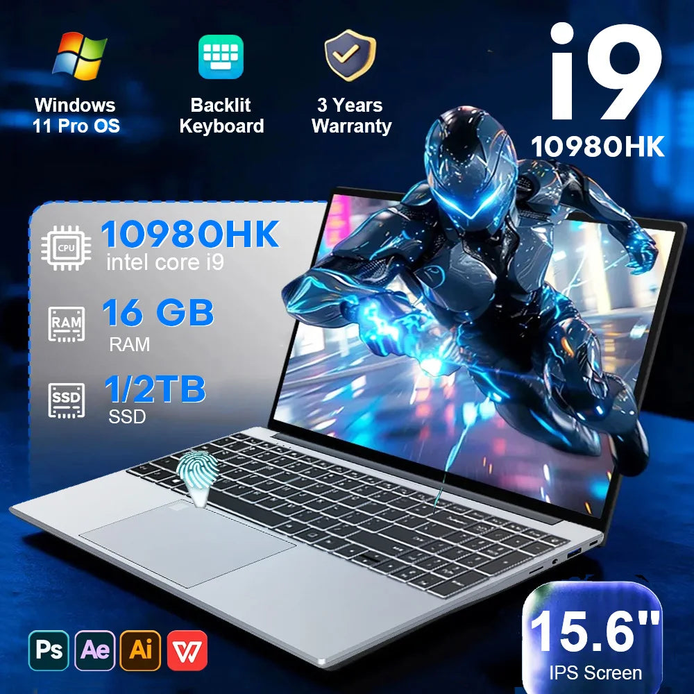 Nuevo portátil para juegos de 15.6'' con Intel Core i9 10980HK/i3-6100U, Windows 11 Pro, 16GB de RAM, 1TB M.2 SSD, desbloqueo por huella dactilar, retroiluminación, ordenador de oficina.