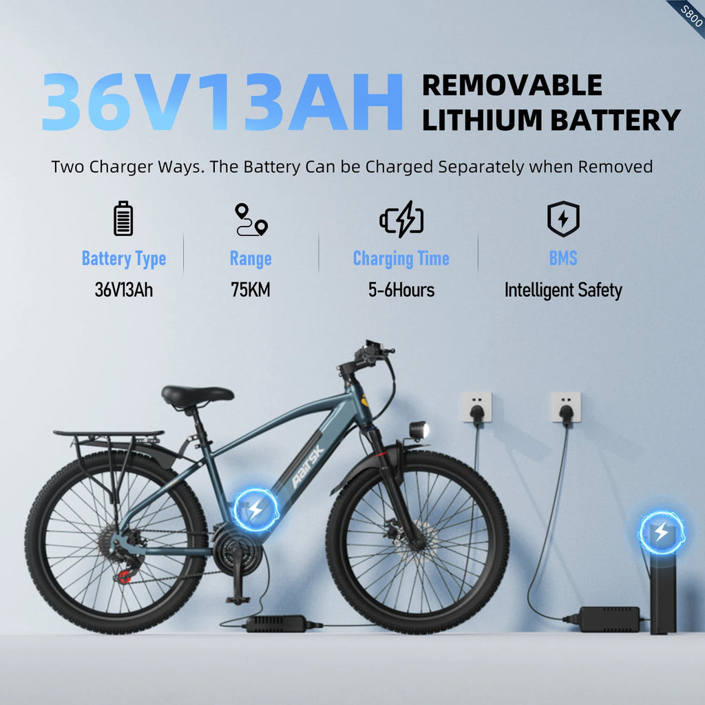 Bicicleta eléctrica urbana Aairsk S800 de 26", batería extraíble de 36V 13Ah con autonomía de 40-60 km, bicicleta eléctrica de 7 velocidades y 250W con bloqueo inteligente NFC y suspensión delantera, e-bike urbana y de montaña para adultos de 25 km/h