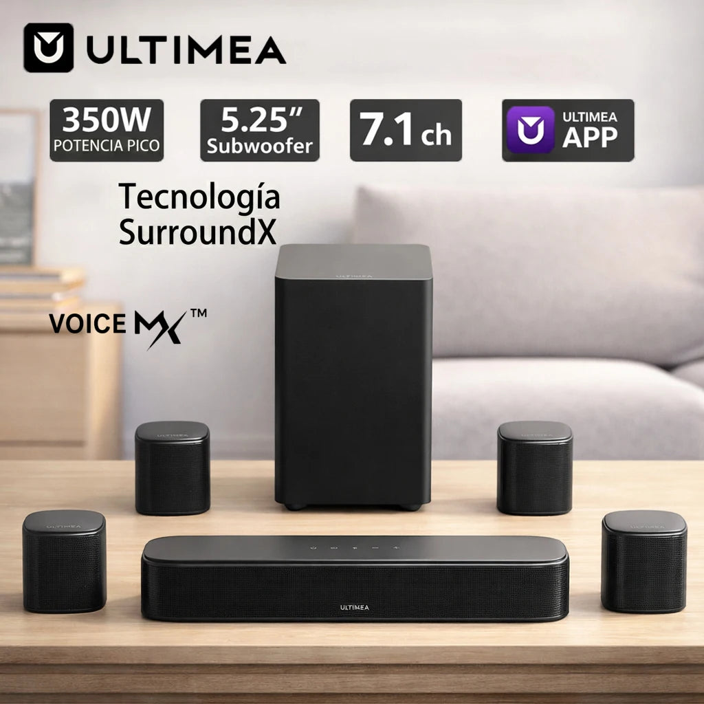 ULTIMEA Aura S4T 350W Barra de Sonido 7.1ch en Kit para TV con Subwoofer, 4 Altavoces Envolventes y Soportes de Montaje, Sistema de Cine en Casa, Control por App, HDMI ARC