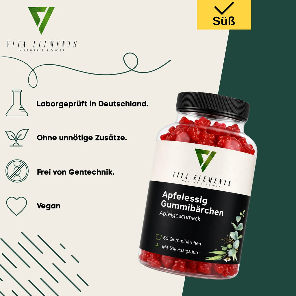 Gomitas de vinagre de manzana |     Probado en laboratorio en Alemania |     Suplementos para la salud |     Con vitamina B12 y ácido fólico |     Caramelos de goma con sabor a frutas |     Libre de modificaciones genética