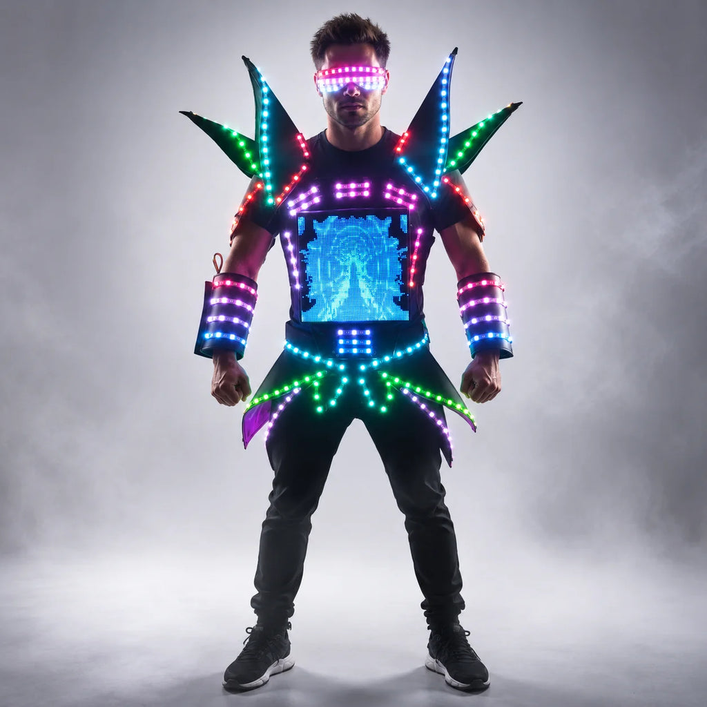 Disfraces de exhibición de Robot LED, ropa de actuación de fiesta, traje de armadura, ropa de espejo con luz colorida, trajes de espectáculo para Club, cascos, discoteca