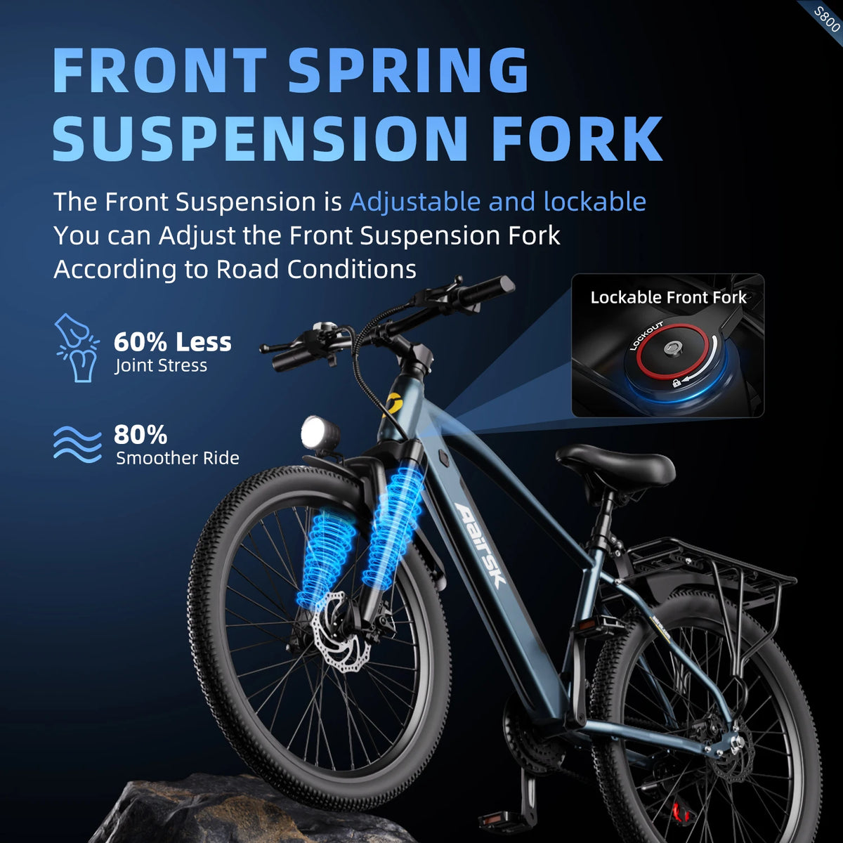 Bicicleta eléctrica urbana Aairsk S800 de 26", batería extraíble de 36V 13Ah con autonomía de 40-60 km, bicicleta eléctrica de 7 velocidades y 250W con bloqueo inteligente NFC y suspensión delantera, e-bike urbana y de montaña para adultos de 25 km/h