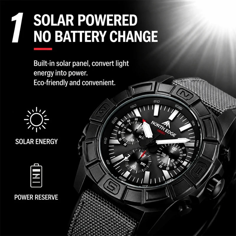 NORTH EDGE BLAZE 2026 Relojes para hombre, energía solar, caja de acero inoxidable 316, reloj de cuarzo para hombre, estilo piloto, resistente al agua 50m, cronómetro