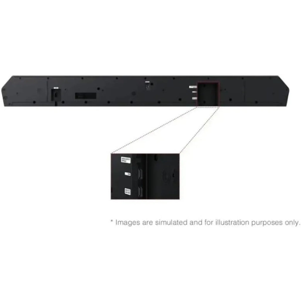 Parte trasera de la barra de sonido negra con puertos y altavoces satélite.