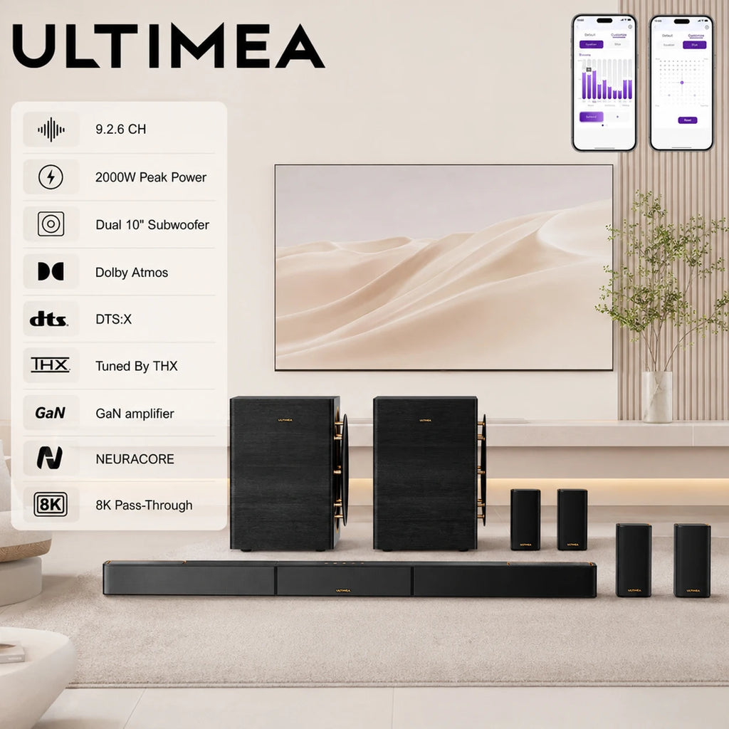ULTIMEA Skywave X100 Dual Barra de Sonido con Sistema de Sonido Envolvente Inalámbrico 9.2.6 Ajustado por THX, Dolby Atmos y DTS:X, Doble Subwoofer de 10", 2000 W de Potencia Pico, Amplificador GaN y Paso de Señal 8K