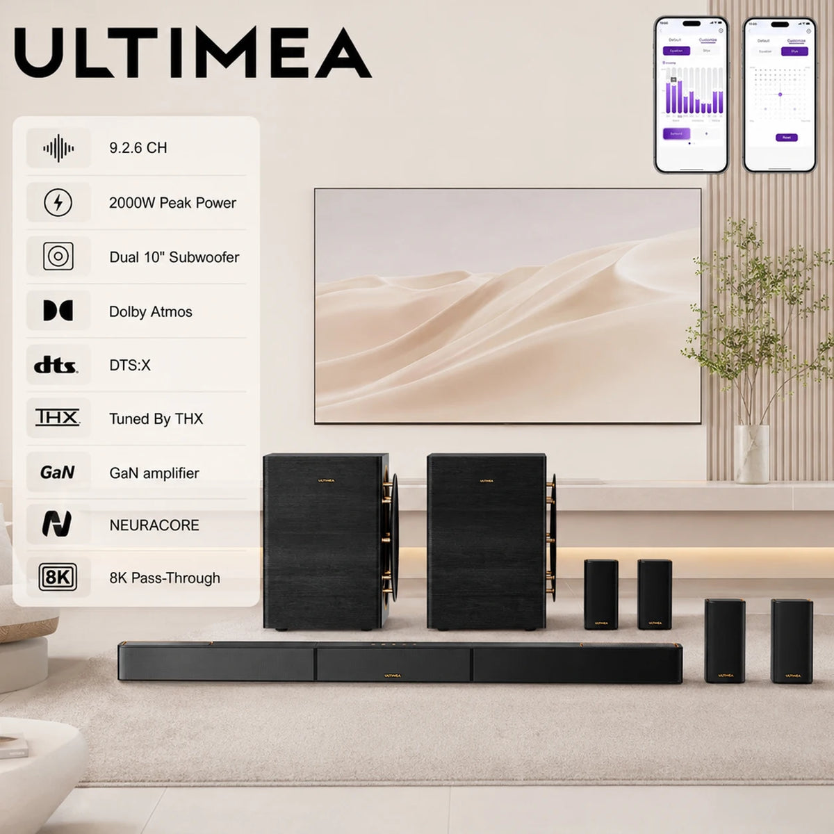 ULTIMEA Skywave X100 Dual Barra de Sonido con Sistema de Sonido Envolvente Inalámbrico 9.2.6 Ajustado por THX, Dolby Atmos y DTS:X, Doble Subwoofer de 10", 2000 W de Potencia Pico, Amplificador GaN y Paso de Señal 8K