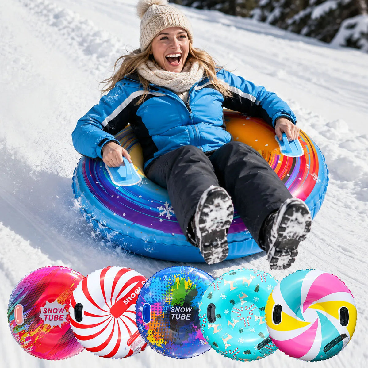 1PC Tubo de Nieve Inflable de 32/34 Pulgadas con Asas, Trineo de Nieve Colorido para Esquiar, Deslizarse y Jugar en la Nieve al Aire Libre