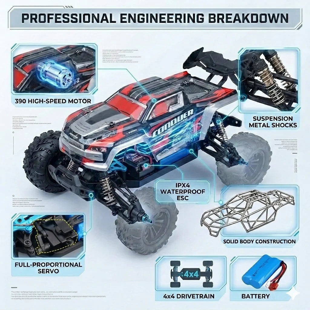 1:16 Scale RC Car 50KM/H High Speed 4WD Off-Road Monster Truck IPX4 Waterproof 2.4GHz Remote Control Hobby Grade Vehicle for Adults Kids All Terrain Racing