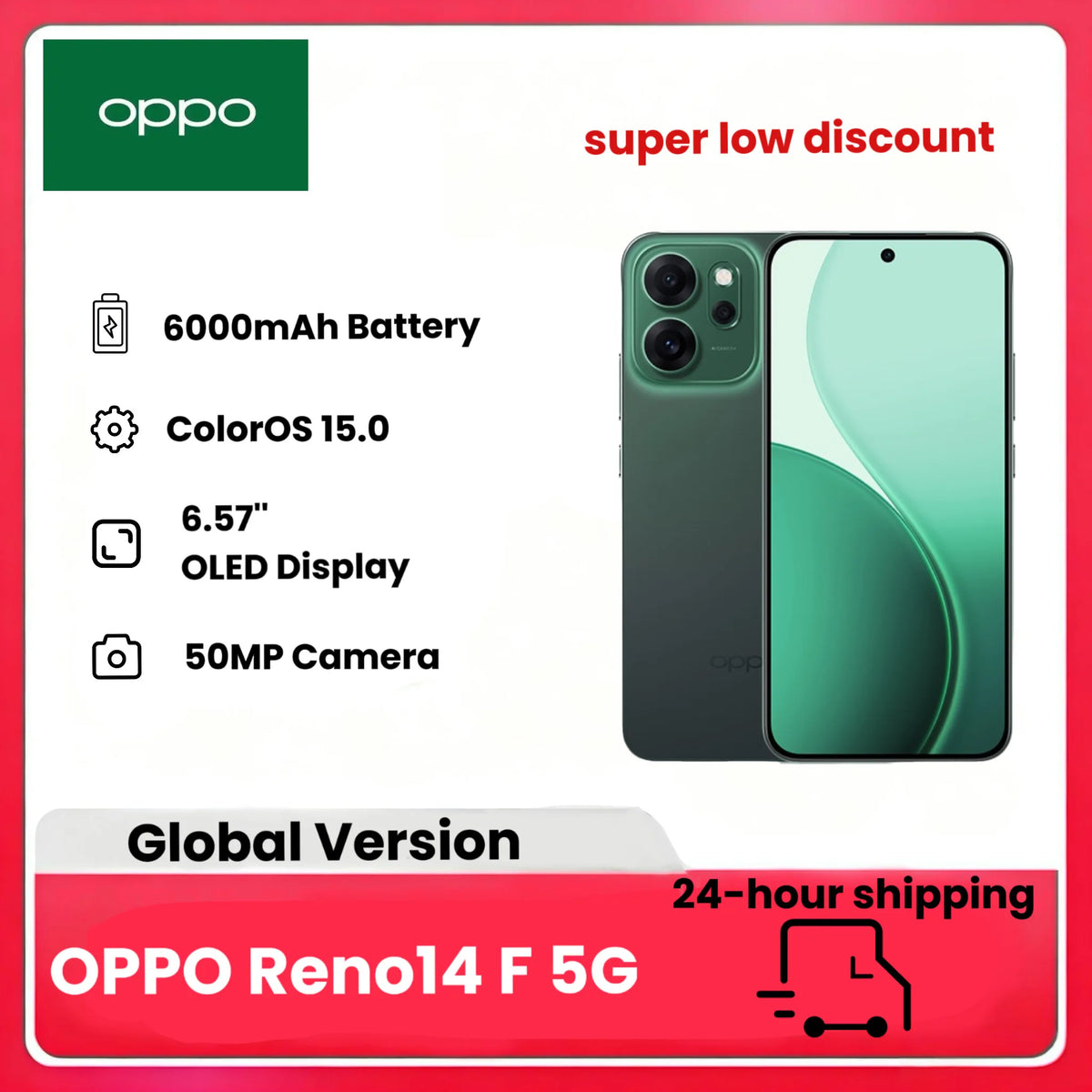 OPPO Reno14 F 5G 8 + 256GB, teléfono inteligente Android sin IA, pantalla AMOLED de 6,57", cámara con IA de 50 + 32MP, batería mAh, resistencia al agua IP69, (cargador no incluido)
