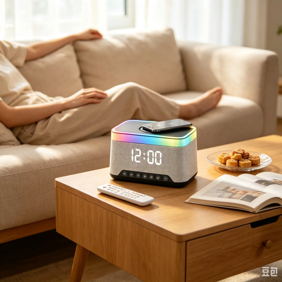 Altavoz con reloj despertador multifunción de regalo original, carga inalámbrica, luz ambiental RGB, radio FM y modo de ruido blanco