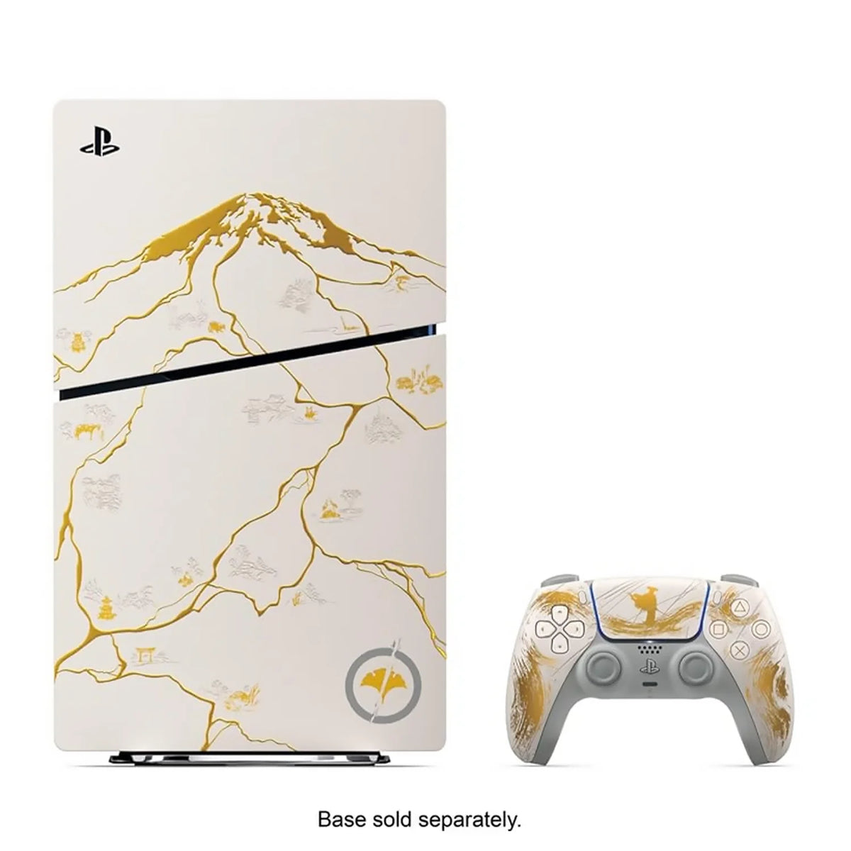 Consola PlayStation 5 Slim blanca con mapa dorado y mando inalámbrico a juego