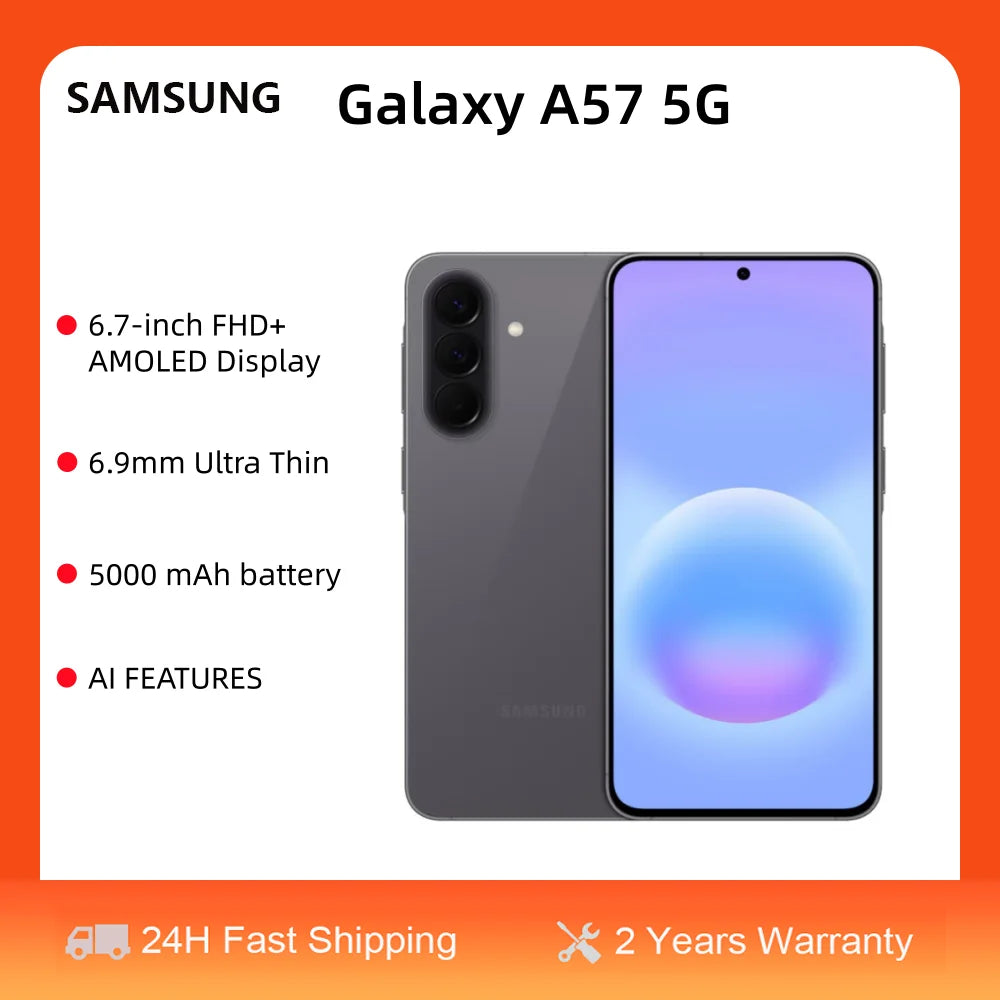 Smartphone Samsung Galaxy A57 5G con IA, pantalla Super AMOLED Plus FHD+ de 6.7 pulgadas, procesador Exynos 1680, cámara de 50 MP, carga rápida de 25 W, certificación IP68 y 6 actualizaciones de sistema operativo