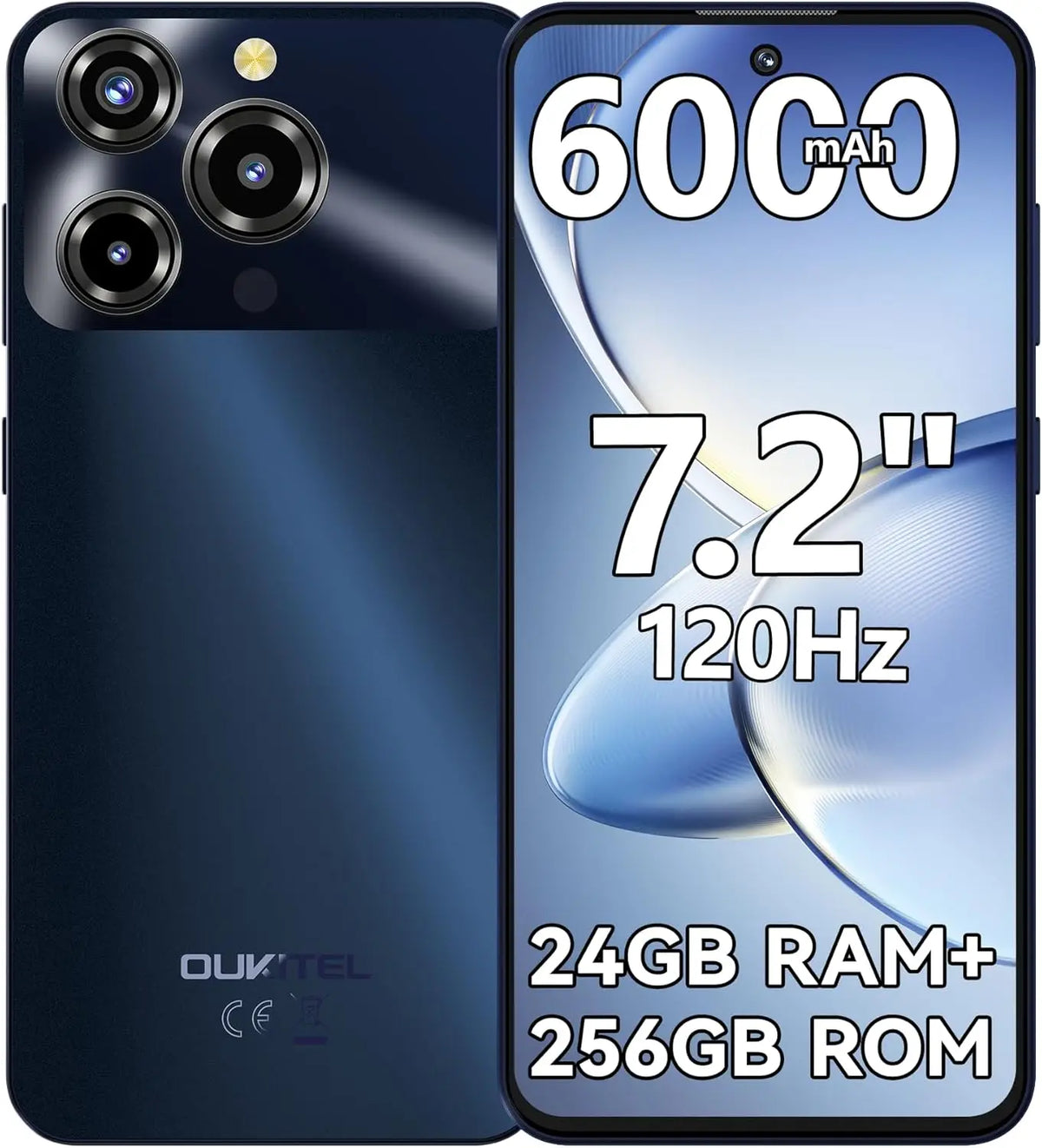 OUKITEL C69 4G [2025] Teléfonos celulares desbloqueados, teléfono inteligente Android 15, 24GB RAM + 256GB ROM/1TB, 6000mAh, pantalla HD+ de 7.2" y 120Hz
