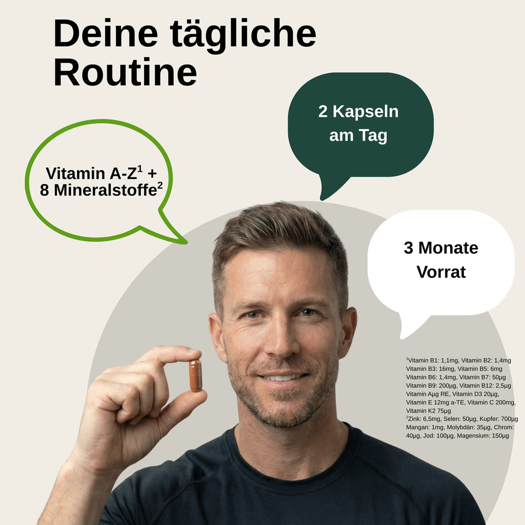 Cápsulas multivitamínicas de primera calidad |     Probado en laboratorio en Alemania |     Suplementos alimenticios |     Con vitaminas, zinc y selenio |     Con 15 nutrientes |     Libre de modificaciones genéticas |