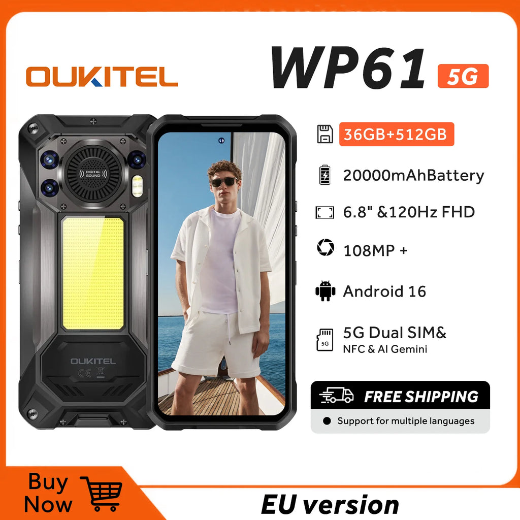 OUKITEL WP61 5G, Teléfono resistente con Android 16 desbloqueado, pantalla de 6,78 pulgadas, 36 GB de RAM + 512 GB de ROM/TF, batería de 20000 mAh/45 W, cámara de 108 MP, IP68/IP69K