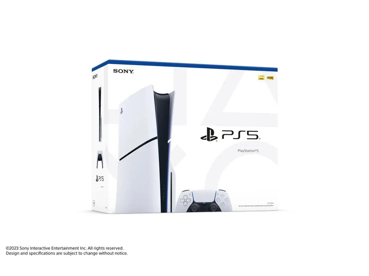 Caja PlayStation 5 Slim blanca con imagen de la consola y control inalámbrico.