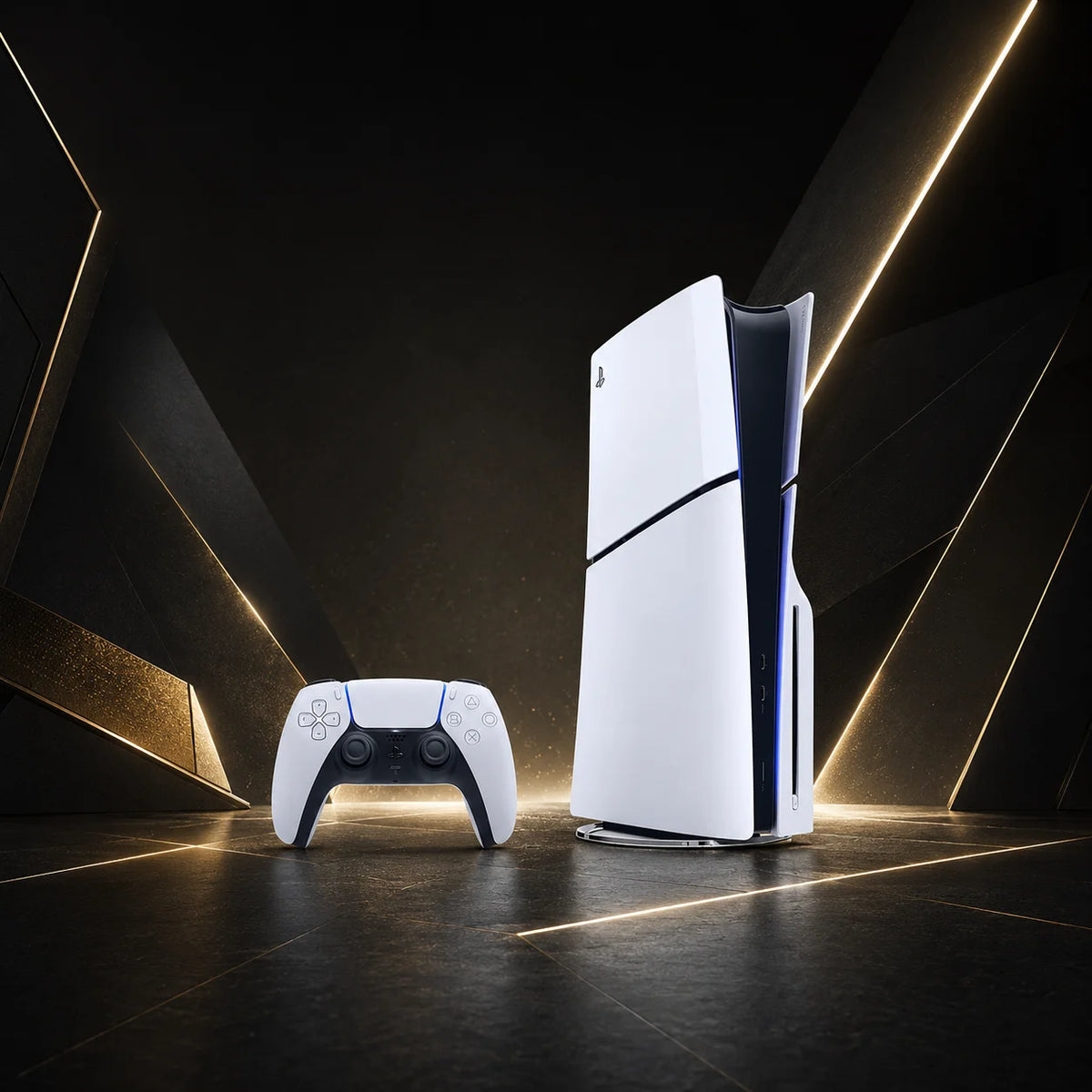 Consola Sony PS5 Slim blanca con mando DualSense blanco, composición en el suelo