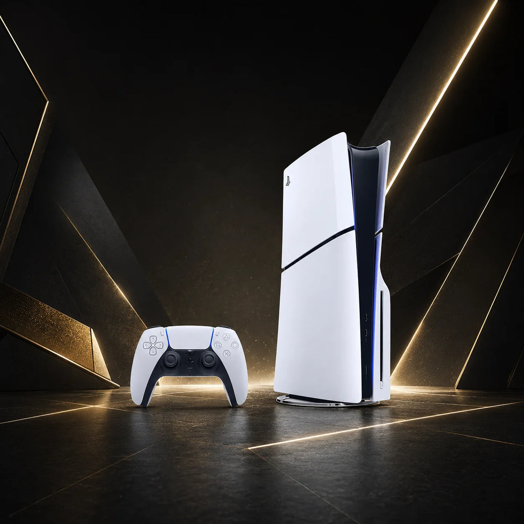 Consola PS5 Slim blanca de disco con mando DualSense blanco, ángulo abierto