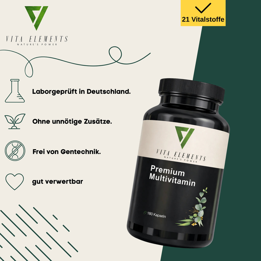 Cápsulas multivitamínicas de primera calidad |     Probado en laboratorio en Alemania |     Suplementos alimenticios |     Con vitaminas, zinc y selenio |     Con 15 nutrientes |     Libre de modificaciones genéticas |