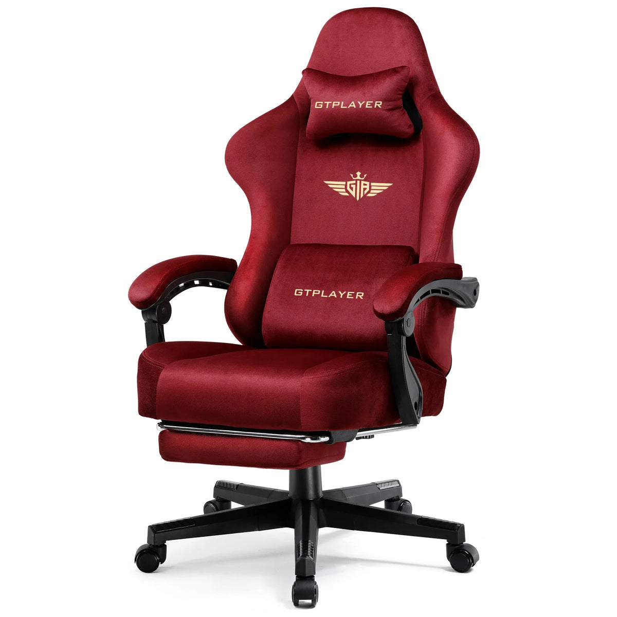 Silla gamer de tela roja con respaldo alto, cojín y base con ruedas