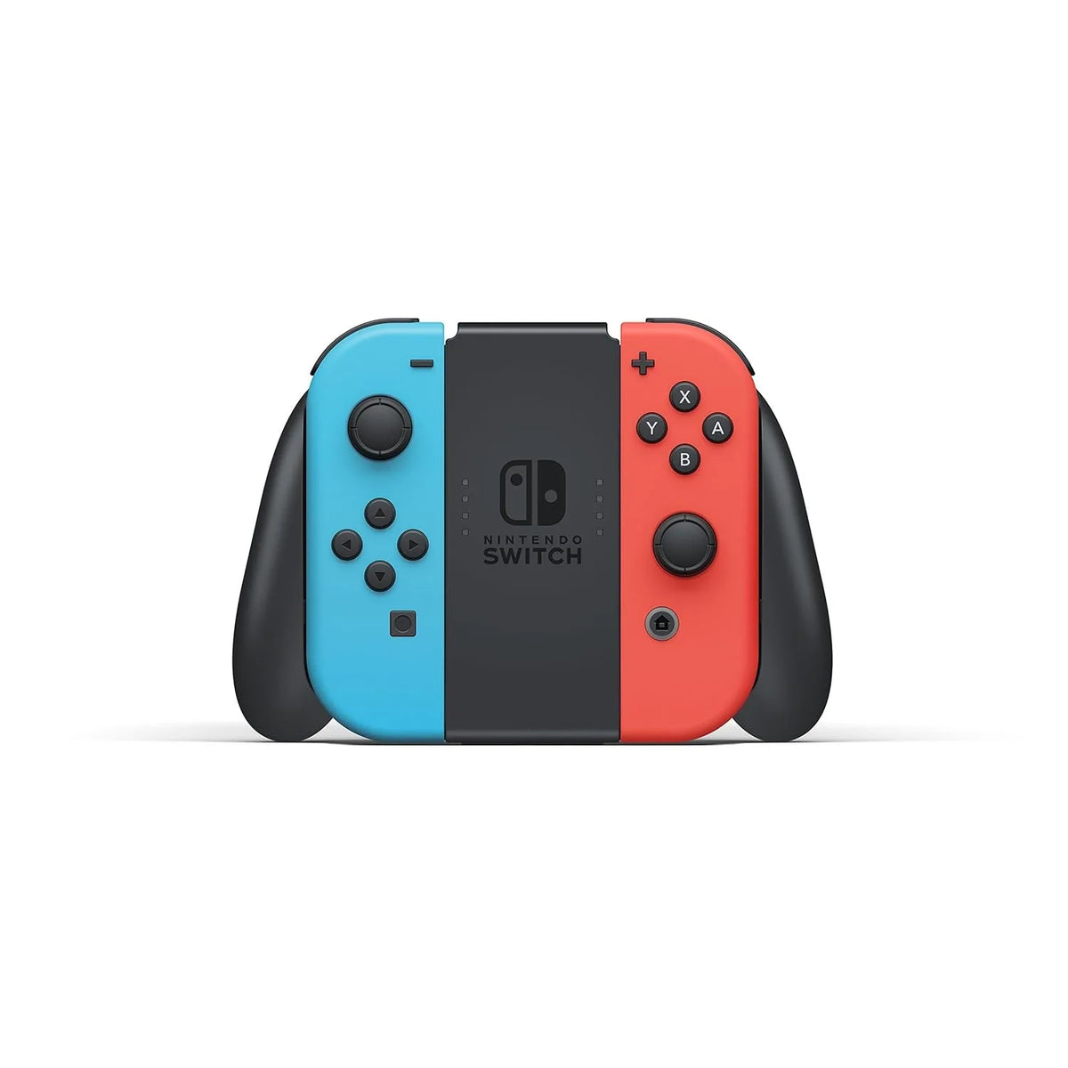Consola Nintendo Switch con Joy-Con azul neón y rojo neón, vista frontal con controles