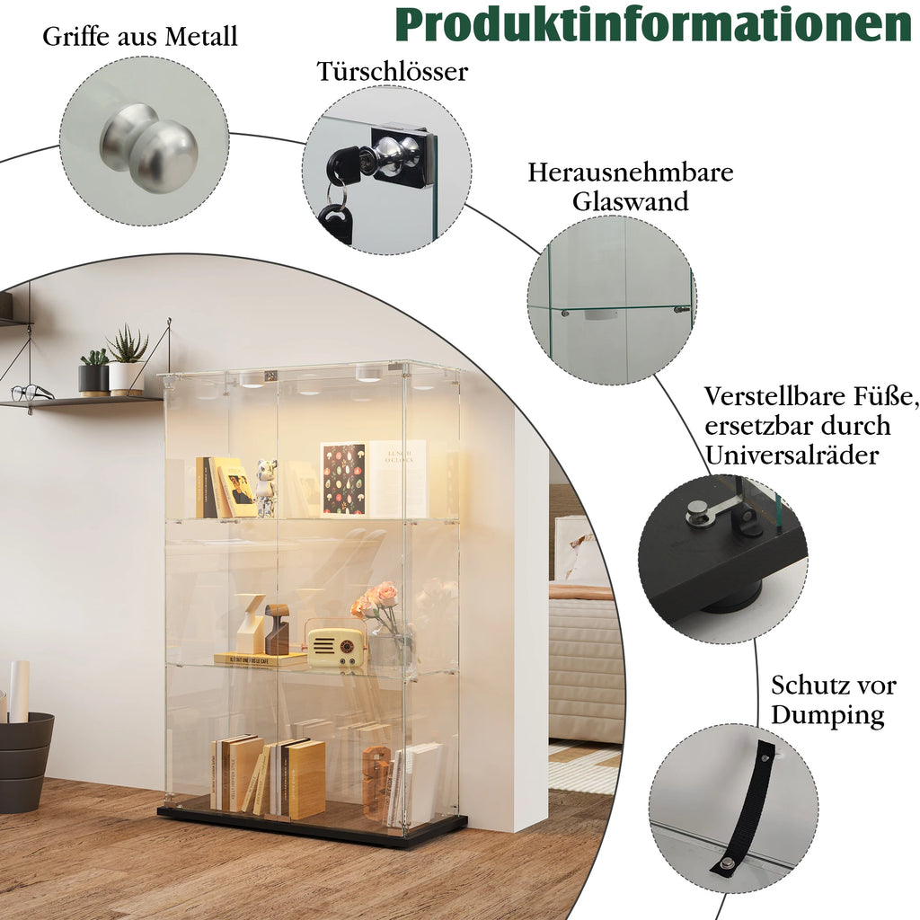 Vitrina de cristal, mueble expositor con iluminación LED, 3 niveles, 2 puertas y cerradura de seguridad, adecuada para salón y dormitorio