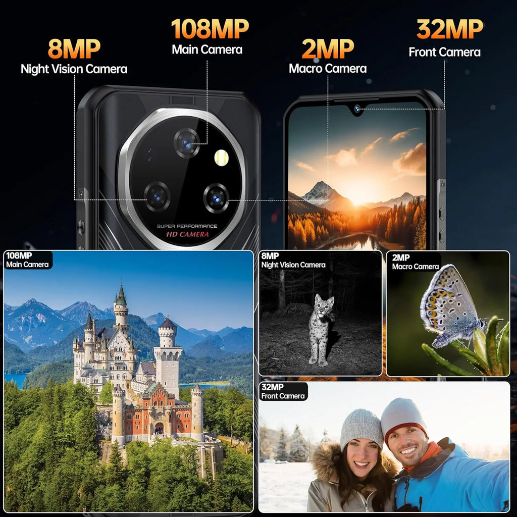 OUKITEL WP55 Pro 5G, Teléfono Inteligente Resistente, Desbloqueado, Android, 15-48GB+512GB/2TB, Pantalla FHD+ de 6.6'', Cámara Trasera de 108MP