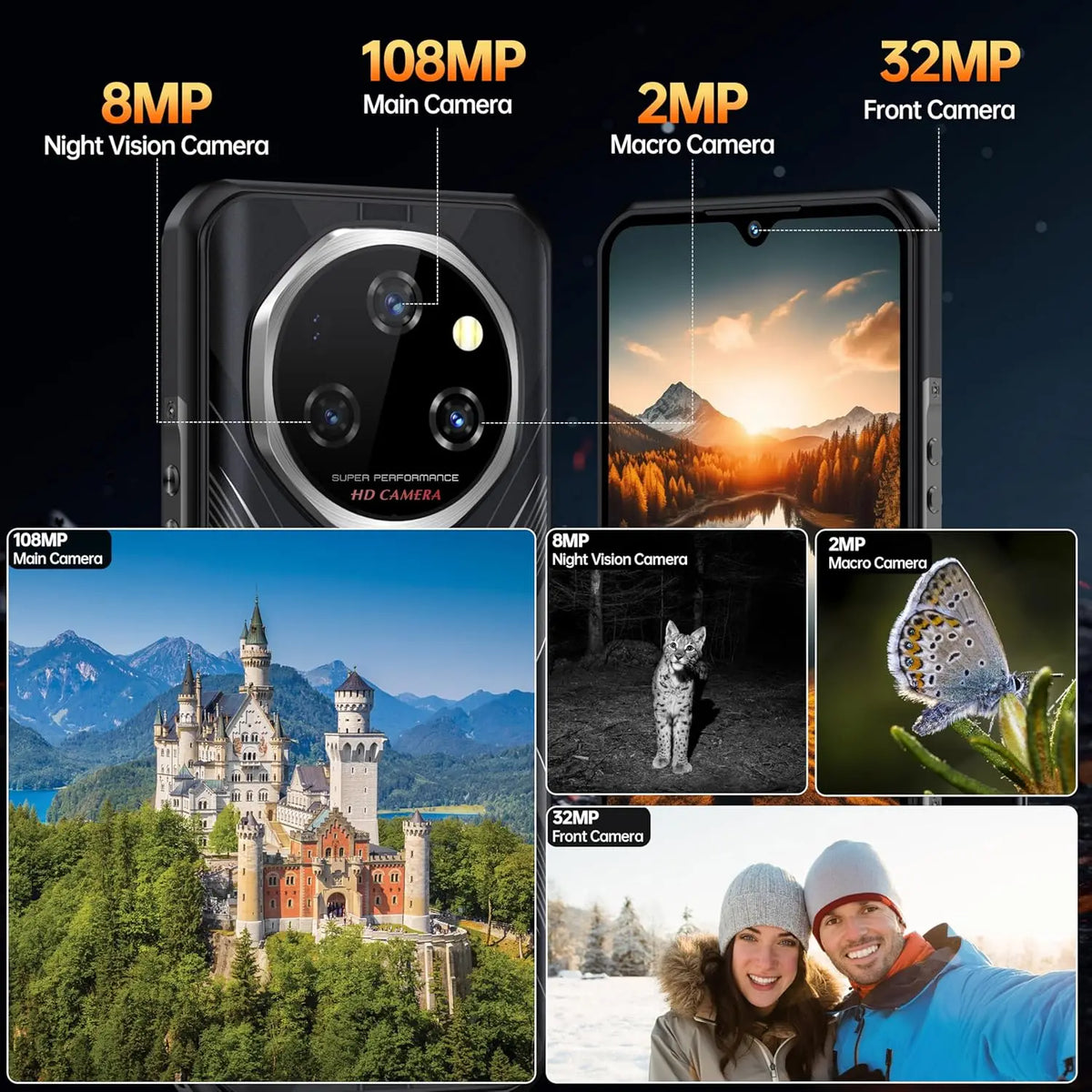 OUKITEL WP55 Pro 5G, Teléfono Inteligente Resistente, Desbloqueado, Android, 15-48GB+512GB/2TB, Pantalla FHD+ de 6.6'', Cámara Trasera de 108MP