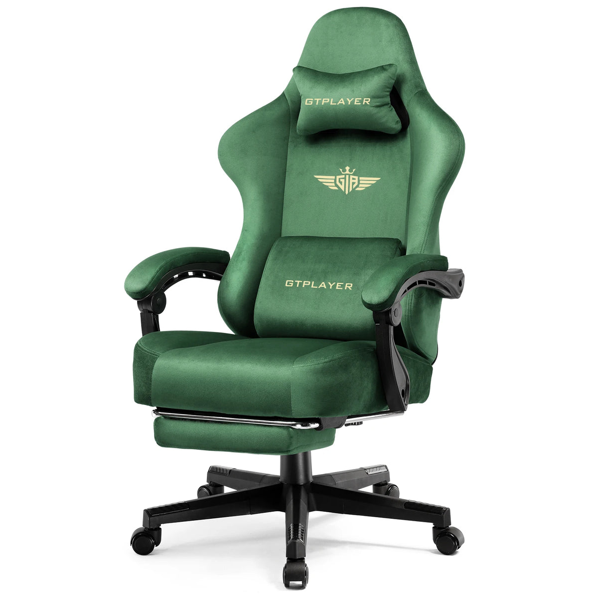 Silla gamer de tela verde con respaldo alto, cojín y base con ruedas
