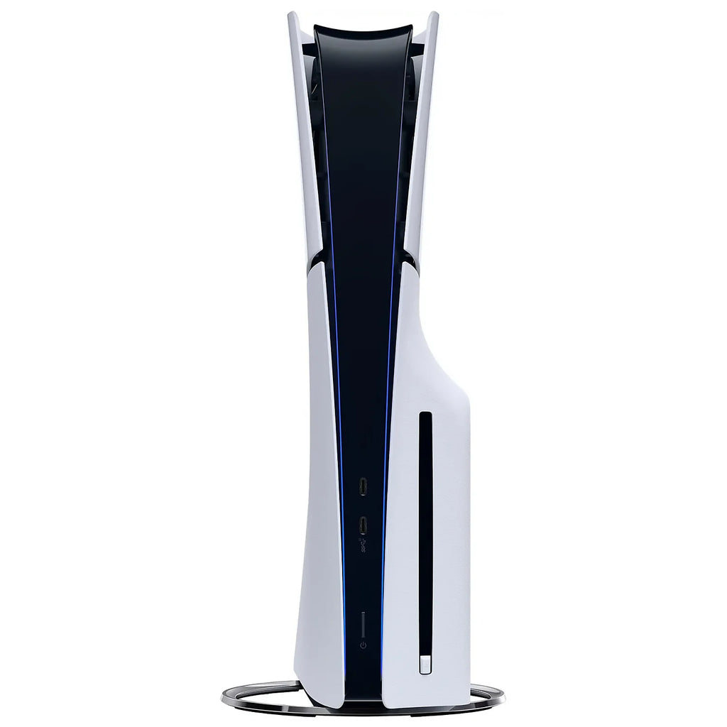 Consola PlayStation 5 Slim en vertical, vista lateral con detalles azules