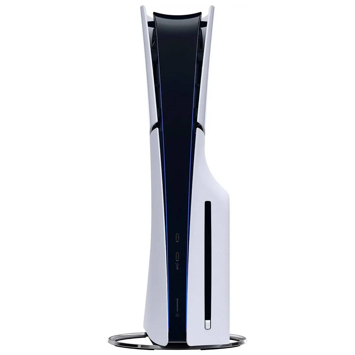 Consola PlayStation 5 Slim en vertical, vista lateral con detalles azules