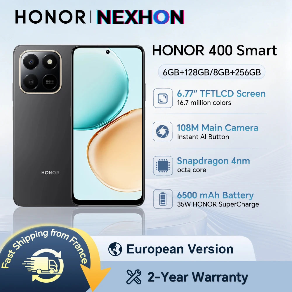 HONOR 400 Smart 4G, Versión UE, Smartphone 4G, Cámara principal de 108 MP, Batería de 6500 mAh, Pantalla de 6,77 pulgadas a 120 Hz, Procesador de ocho núcleos, Smartphone HONOR