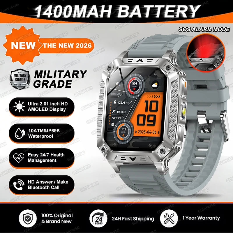 Reloj inteligente militar 2026 TANK, nuevo, 1400 mAh, GPS, pantalla AMOLED de 2.01", resistente al agua 10ATM, reloj, llamada SOS, linterna, para hombre, compatible con iOS