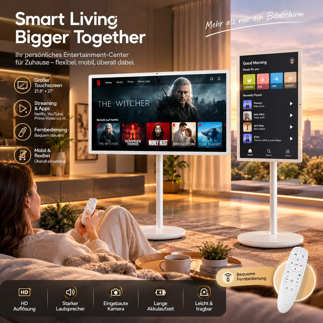 Pantalla Inteligente Coolita de 32 Pulgadas FHD con Soporte Rodante, Pantalla Táctil Android, 8GB+128GB, Batería, Pantalla Inteligente con Ajuste de 360 Grados °     Monitor con soporte giratorio, salida HDMI, altavoz de a