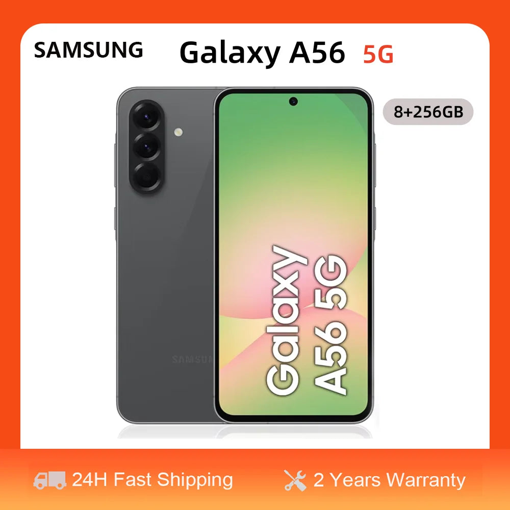 Smartphone Samsung Galaxy A56 5G 8GB RAM 256GB Android, pantalla Super AMOLED de 6.7 pulgadas, procesador Exynos 1580, cámara de 50MP, pantalla de 120Hz, batería de 5000mAh, carga de 45W, Dual SIM, USB Tipo-C