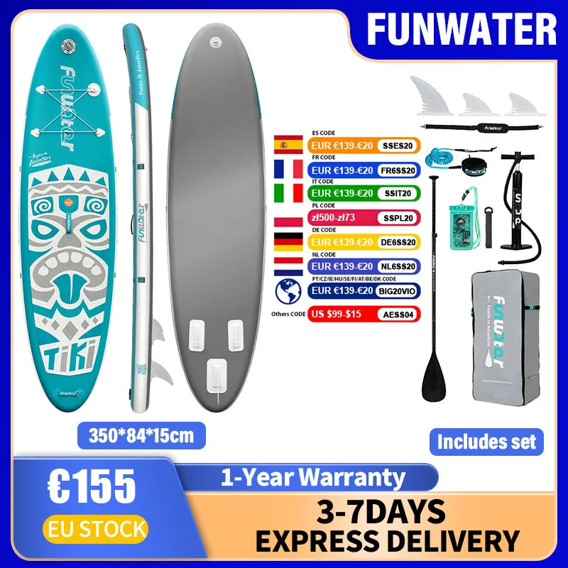 Tabla de Paddle Surf Inflable Impermeable FUNWATER 335x84x15cm SUP 165KG Ligera para Turismo y Surf para Familias, Adultos y Todos los Niveles
