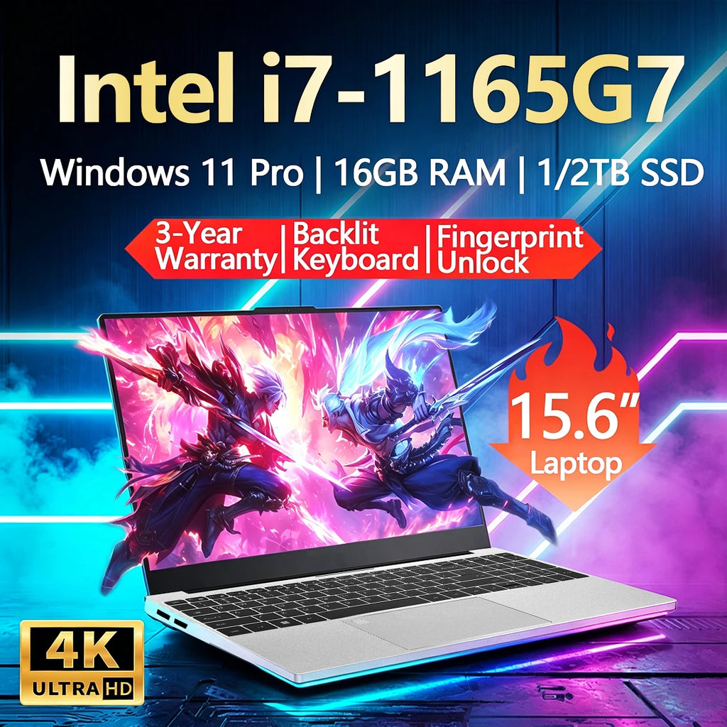 Portátil con procesador Intel Core i7 1165G7, Windows 11 Pro, 16 GB de RAM, SSD de 1 TB o 2 TB, pantalla de 15,6 pulgadas, teclado retroiluminado, desbloqueo por huella dactilar, resolución 1920 x 1080, pantalla 4K HD, PC p