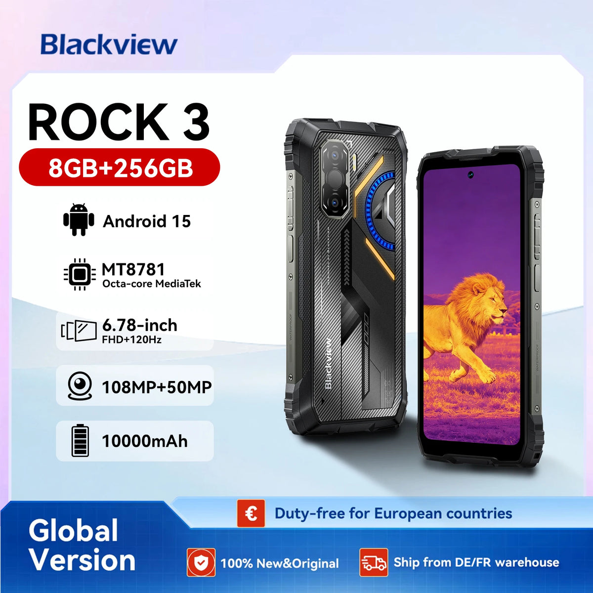 Smartphone rugerizado Blackview ROCK 3, Android 15, pantalla de 6.78" 2.4K, tiempo de espera ultralargo de 10000 mAh, imagen térmica con tecnología FLIR