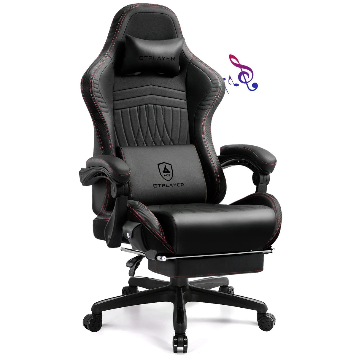 Silla de juego GTPLAYER negra con costuras rojas, respaldo alto y reposapiés giratorio.
