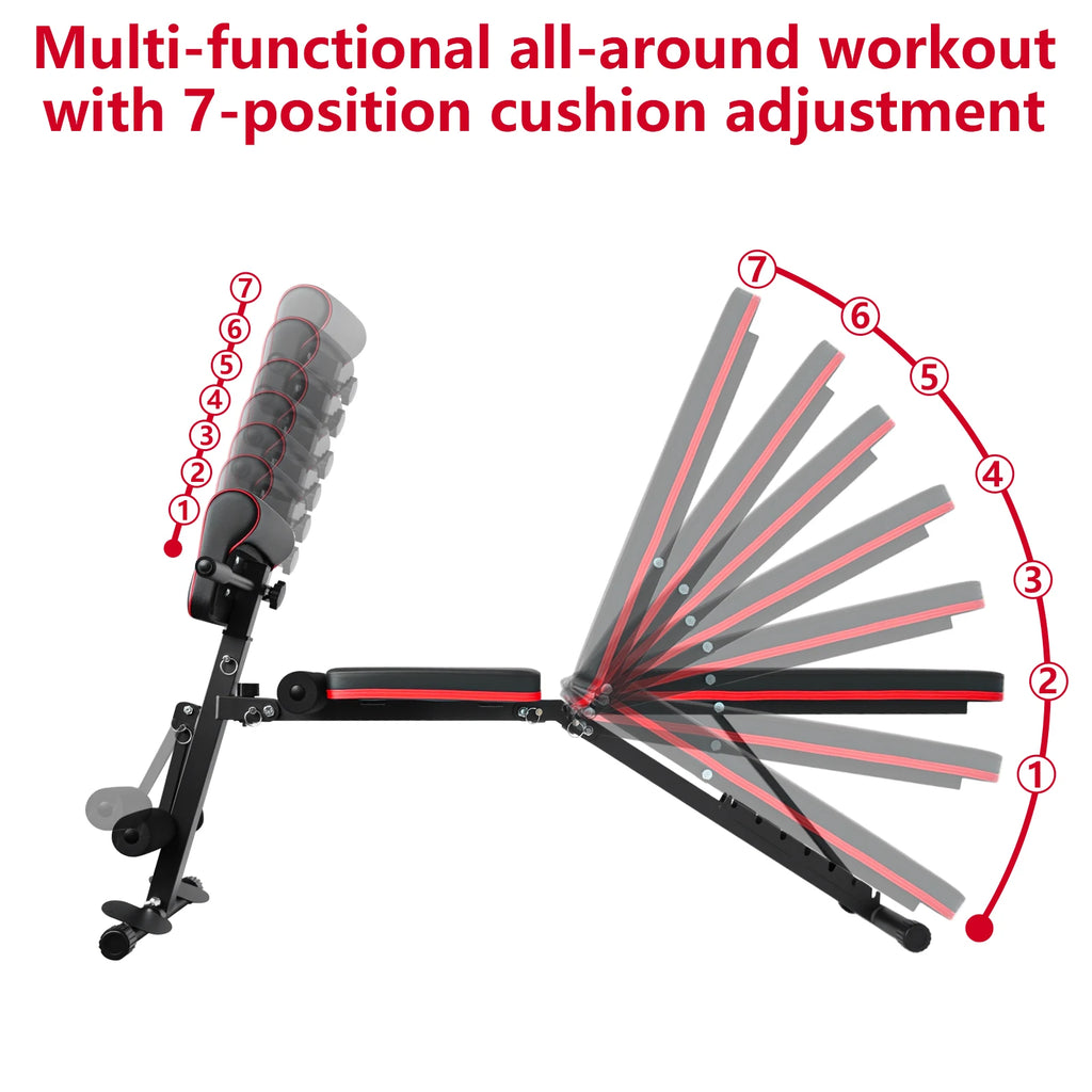 Banco de Pesas Plegable Multifuncional 6 en 1, Banco de Ejercicios con Respaldo Ajustable en 7 Posiciones y Cuerdas de Resistencia para Entrenamiento de Cuerpo Completo en Casa